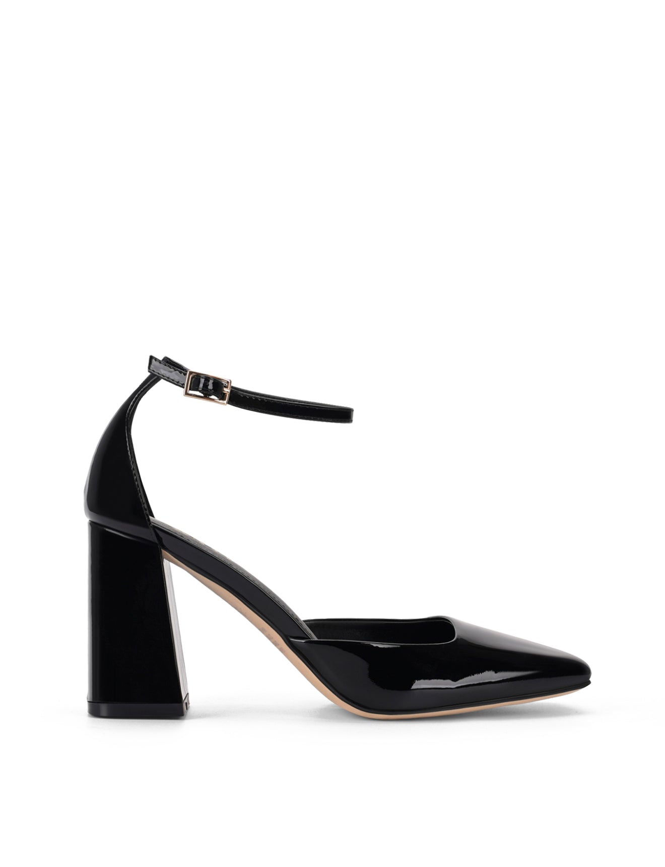 Women's black patent leather block heel shoes with ankle strap and square toe