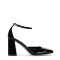 Women's black patent leather block heel shoes with ankle strap and square toe