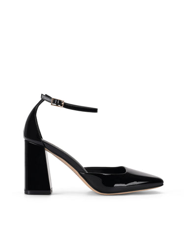 Women's black patent leather block heel shoes with ankle strap and square toe