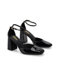 Women's black patent leather block heel shoes with ankle strap and square toe