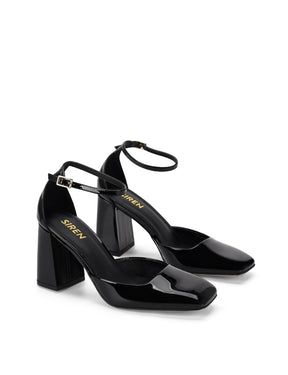 Women's black patent leather block heel shoes with ankle strap and square toe