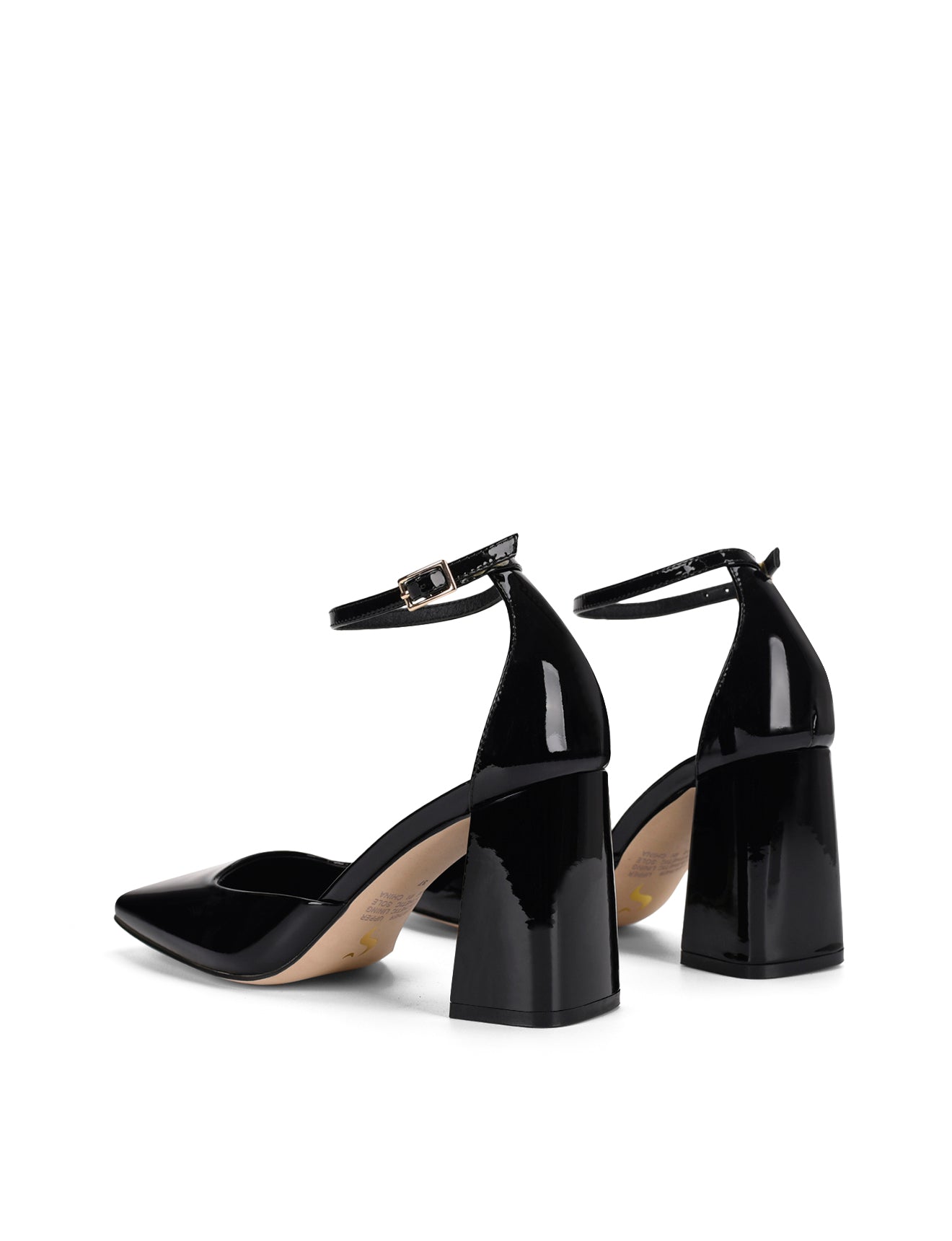 Women's black patent leather block heel shoes with ankle strap and square toe