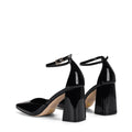Women's black patent leather block heel shoes with ankle strap and square toe