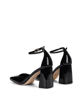 Women's black patent leather block heel shoes with ankle strap and square toe