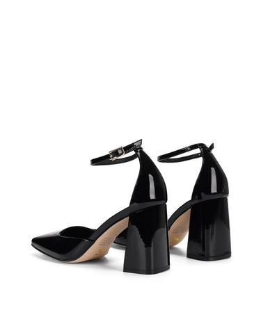 Women's black patent leather block heel shoes with ankle strap and square toe