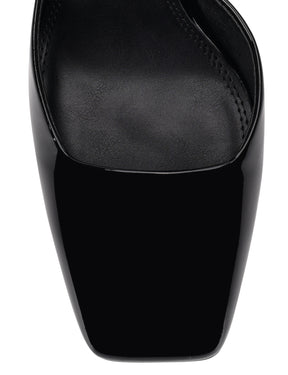 Women's black patent leather block heel shoes with ankle strap and square toe