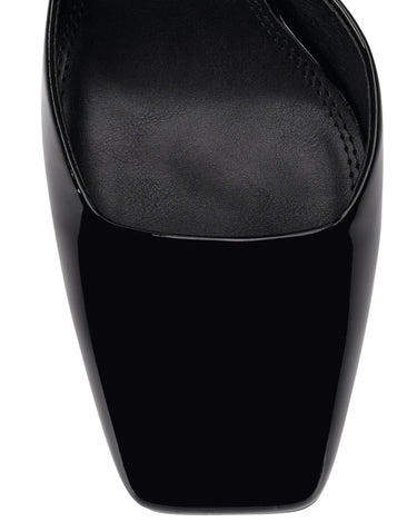 Women's black patent leather block heel shoes with ankle strap and square toe