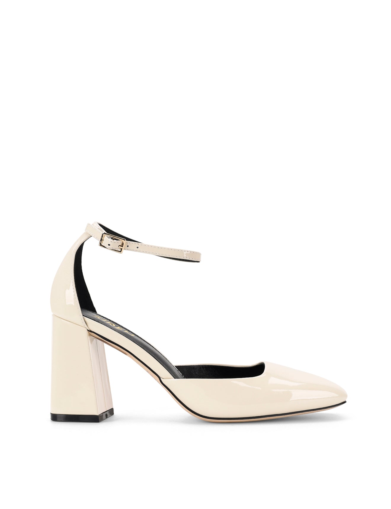 Women's white patent leather block heel shoes with ankle strap and square toe