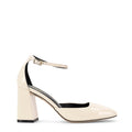 Women's white patent leather block heel shoes with ankle strap and square toe