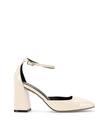 Women's white patent leather block heel shoes with ankle strap and square toe