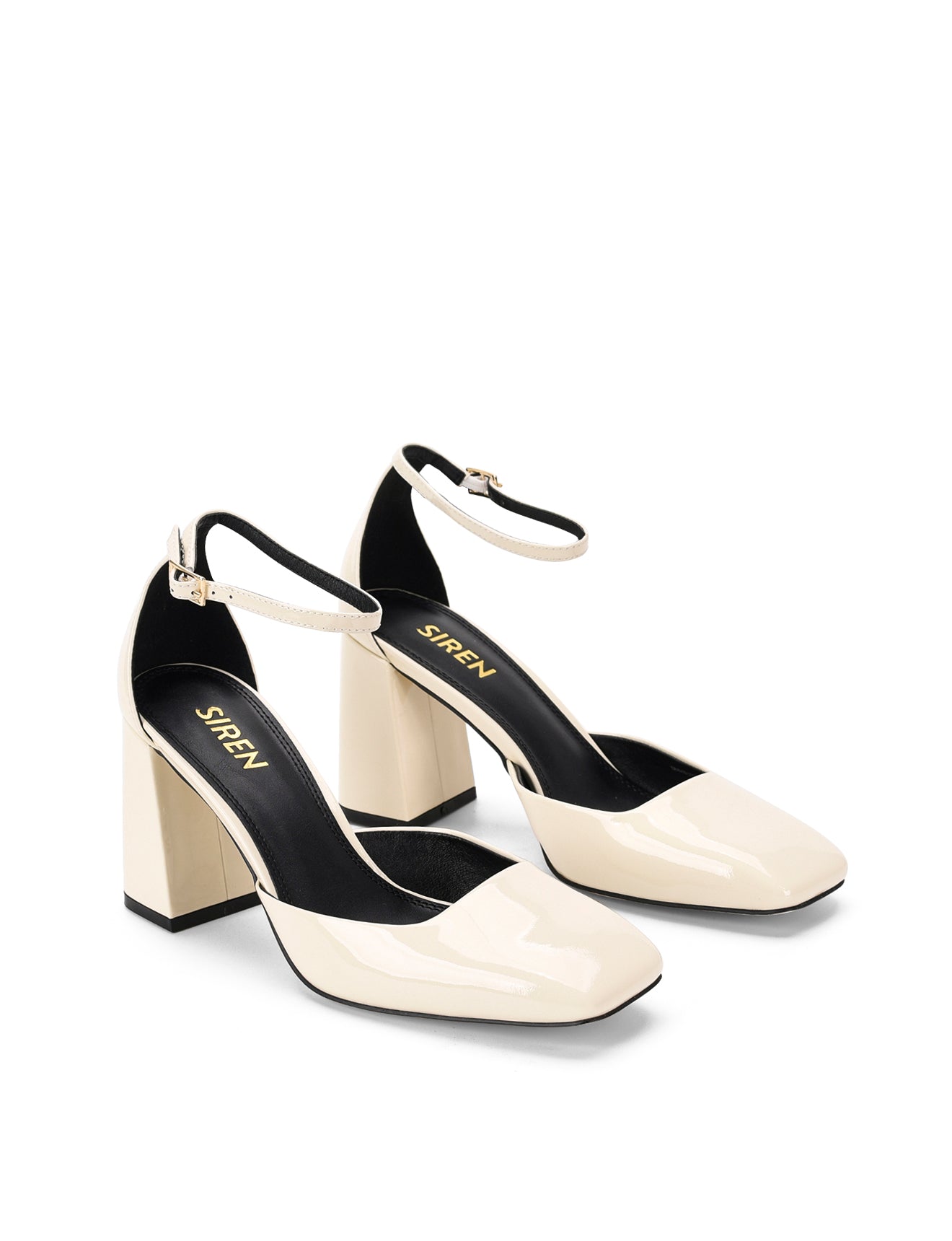 Women's white patent leather block heel shoes with ankle strap and square toe