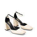 Women's white patent leather block heel shoes with ankle strap and square toe
