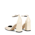 Women's white patent leather block heel shoes with ankle strap and square toe