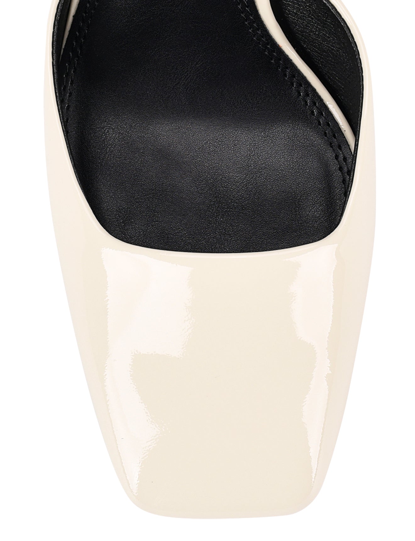 Women's white patent leather block heel shoes with ankle strap and square toe