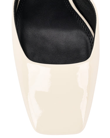 Women's white patent leather block heel shoes with ankle strap and square toe
