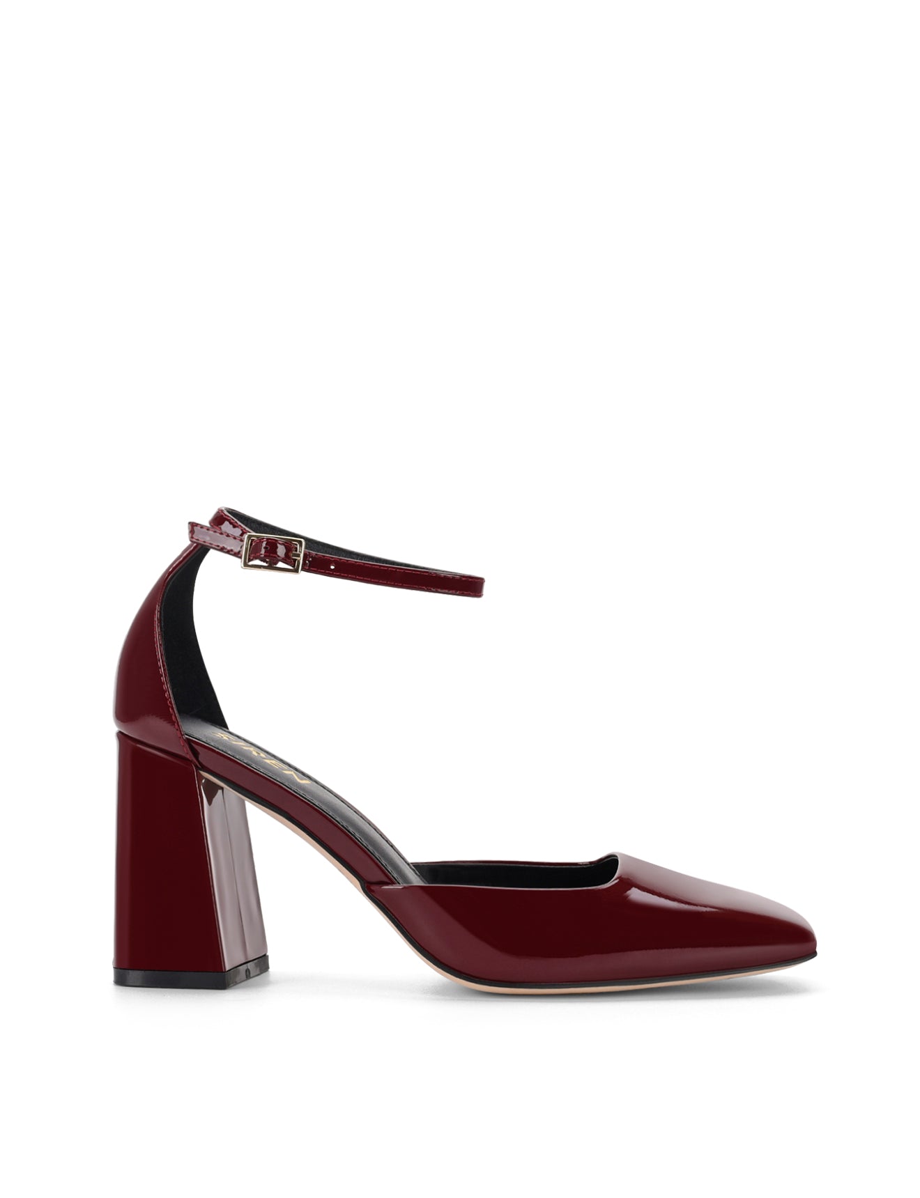 Women's red wine patent leather block heel shoes with ankle strap and square toe