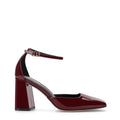 Women's red wine patent leather block heel shoes with ankle strap and square toe