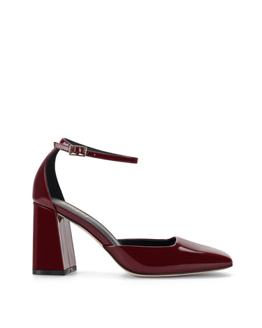 Women's red wine patent leather block heel shoes with ankle strap and square toe