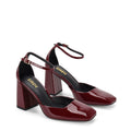 Women's red wine patent leather block heel shoes with ankle strap and square toe