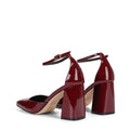 Women's red wine patent leather block heel shoes with ankle strap and square toe