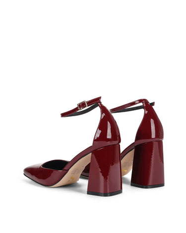 Women's red wine patent leather block heel shoes with ankle strap and square toe