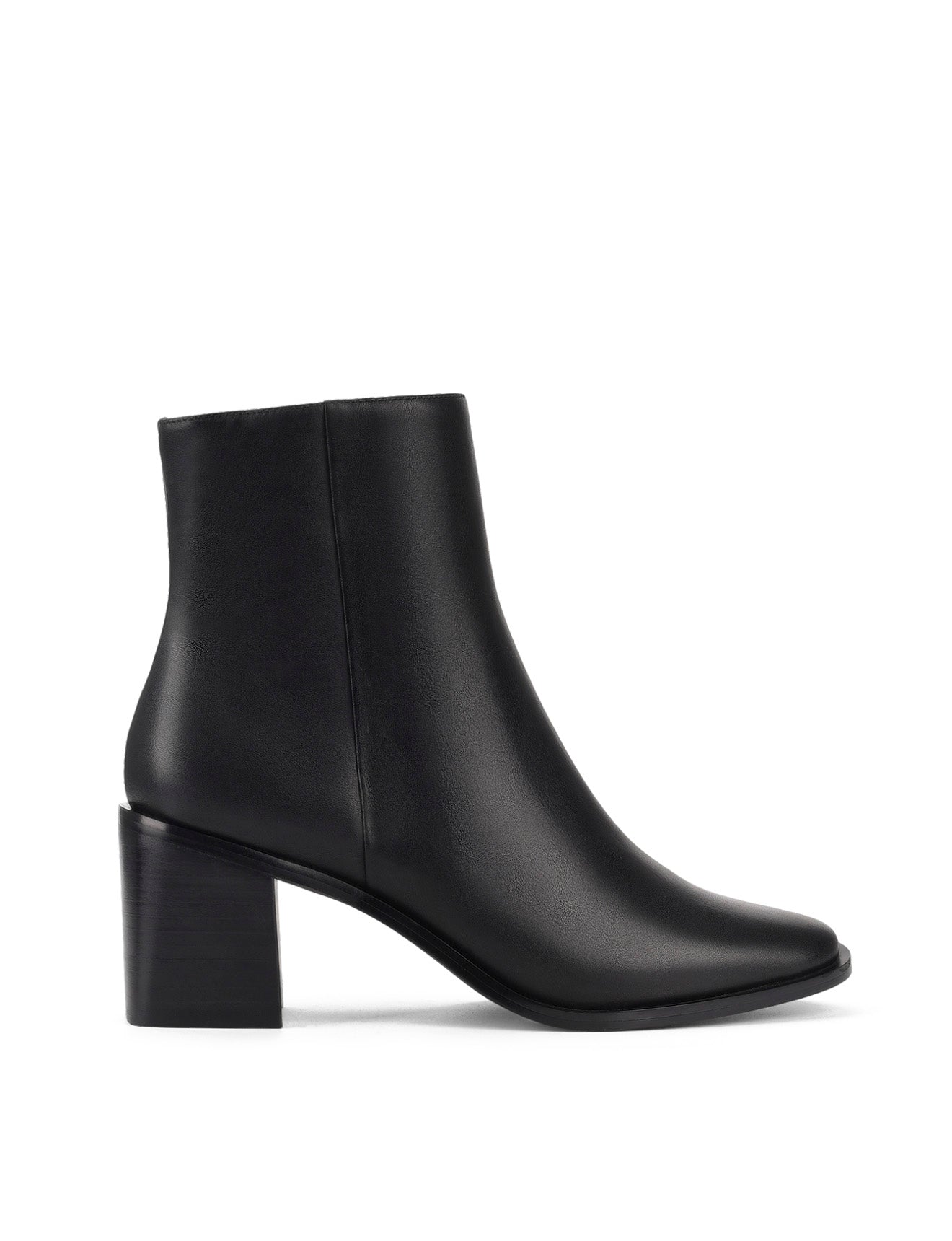 Women's block heel ankle boot with stacked leather heel and almond toe shape in black leather