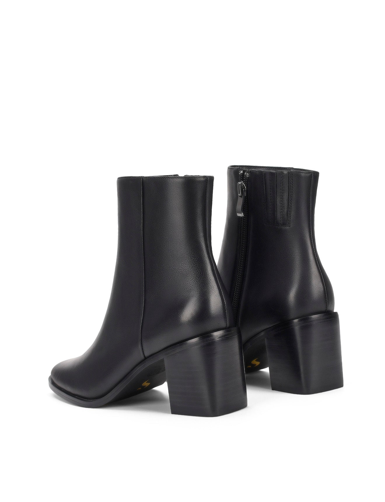 Women's block heel ankle boot with stacked leather heel and almond toe shape in black leather