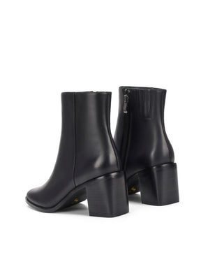 Women's block heel ankle boot with stacked leather heel and almond toe shape in black leather