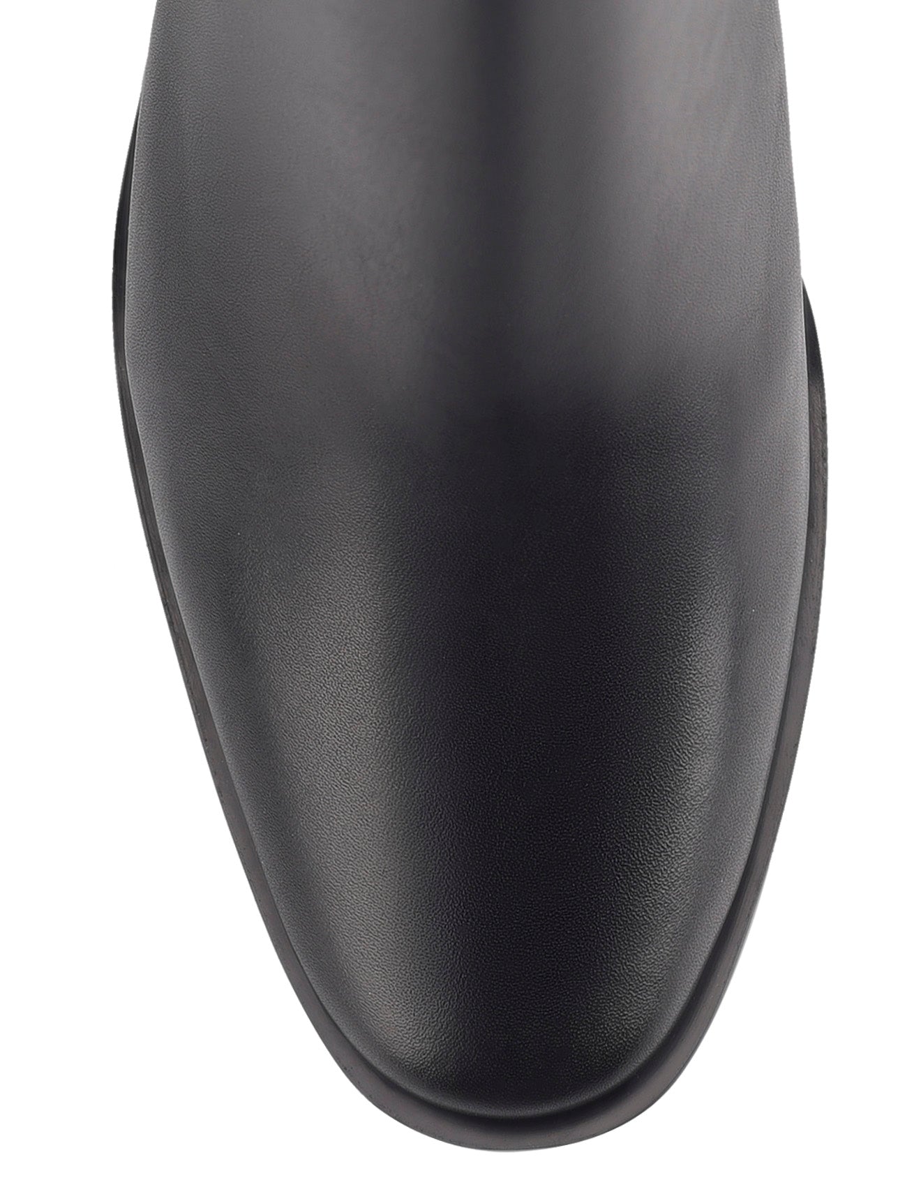 Women's block heel ankle boot with stacked leather heel and almond toe shape in black leather