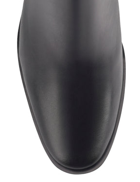 Women's block heel ankle boot with stacked leather heel and almond toe shape in black leather