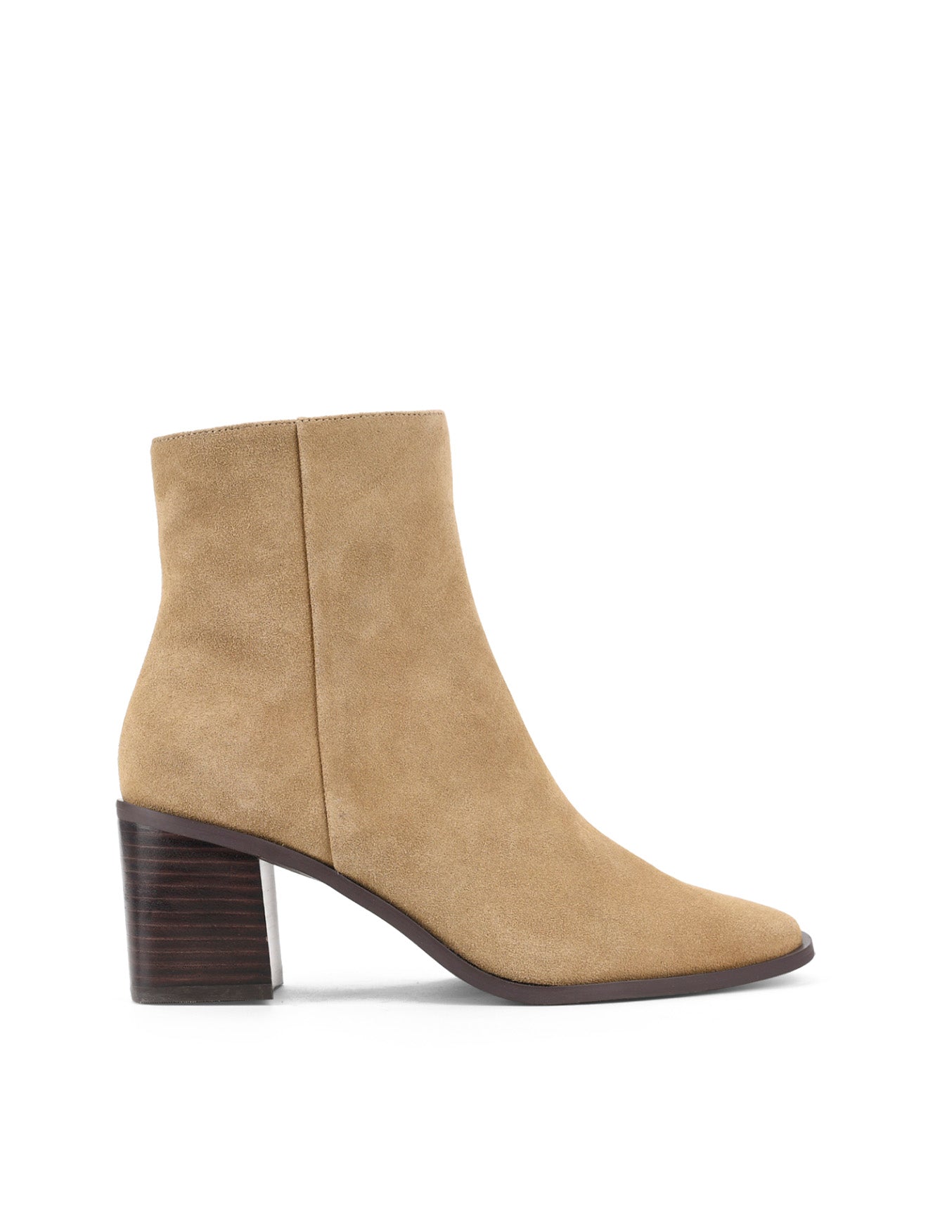Women's block heel ankle boot with stacked leather heel and almond toe shape in taupe suede