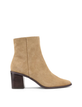 Women's block heel ankle boot with stacked leather heel and almond toe shape in taupe suede