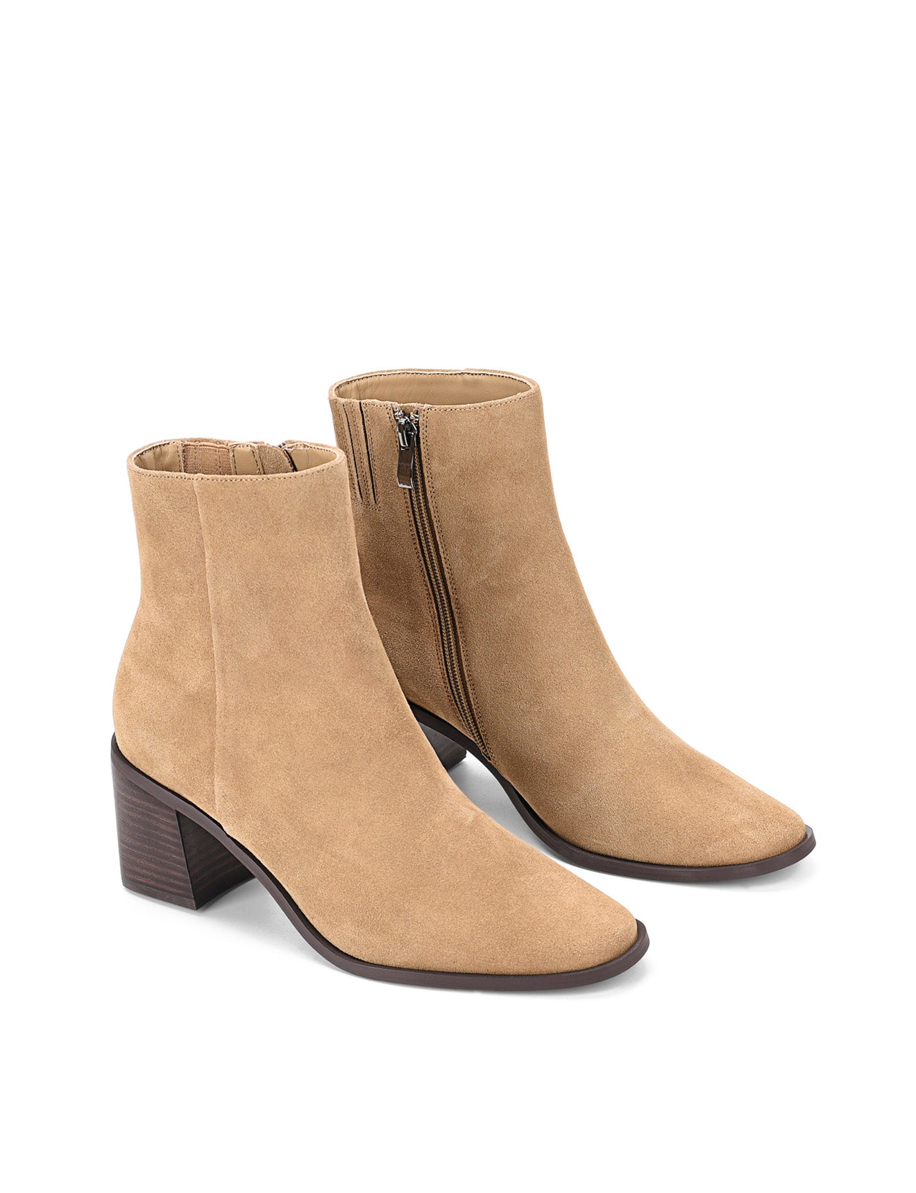 Women's block heel ankle boot with stacked leather heel and almond toe shape in taupe suede