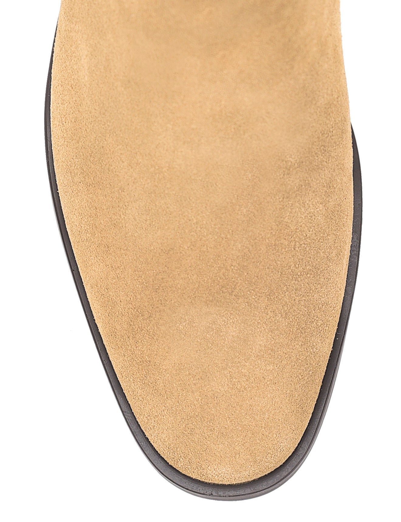 Women's block heel ankle boot with stacked leather heel and almond toe shape in taupe suede