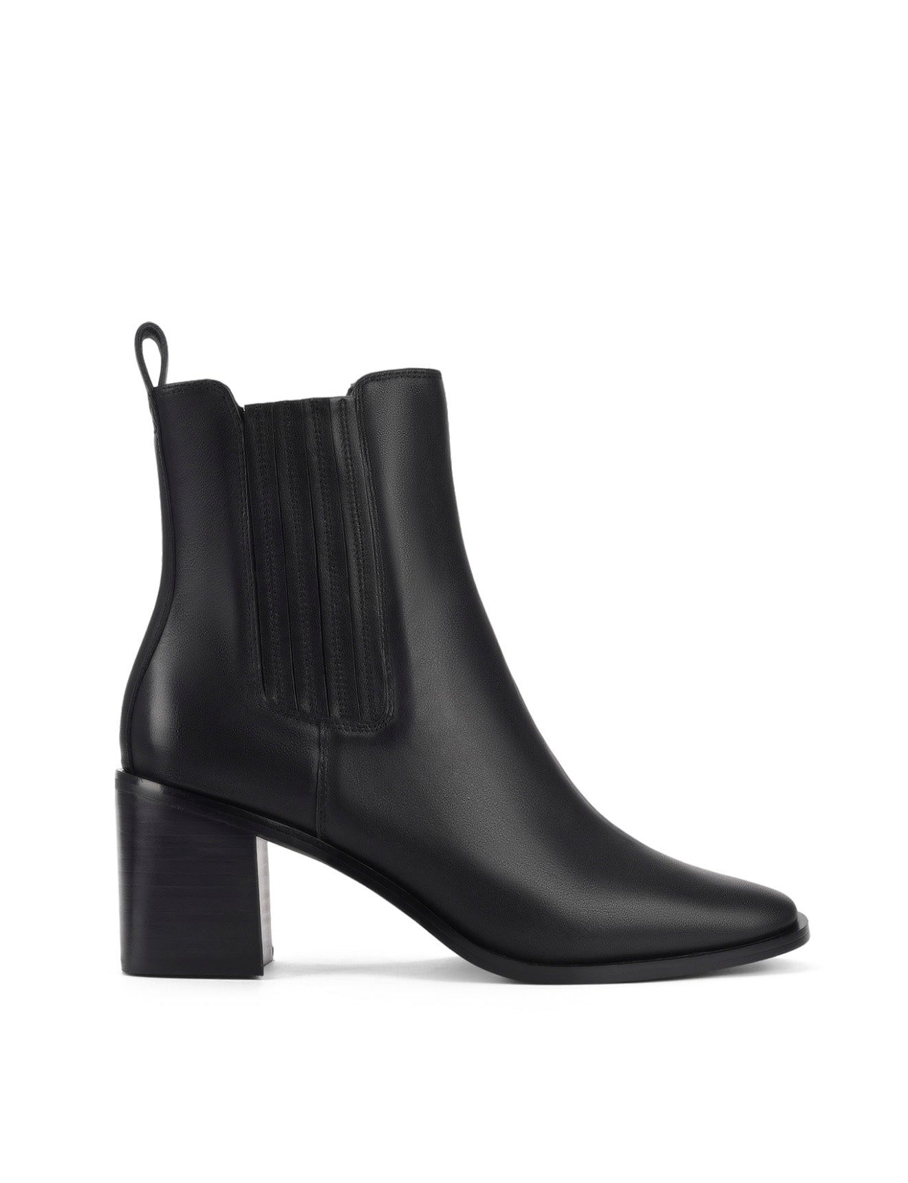 Women's black leather chelsea boot with elastic gusset, stacked block heel and soft square toe