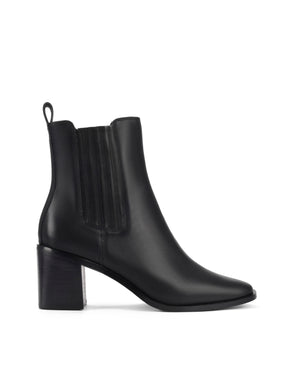 Women's black leather chelsea boot with elastic gusset, stacked block heel and soft square toe