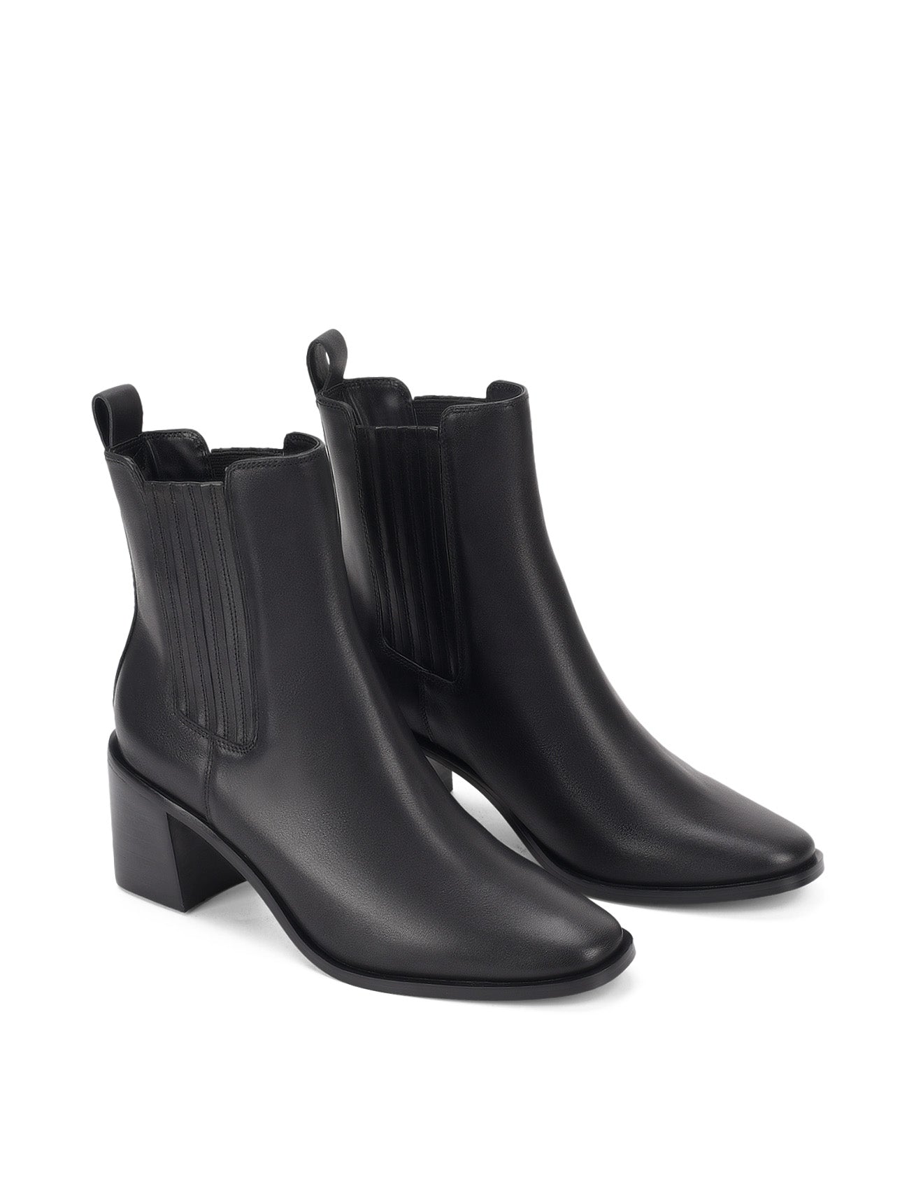 Women's black leather chelsea boot with elastic gusset, stacked block heel and soft square toe