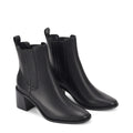 Women's black leather chelsea boot with elastic gusset, stacked block heel and soft square toe