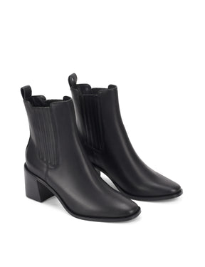 Women's black leather chelsea boot with elastic gusset, stacked block heel and soft square toe