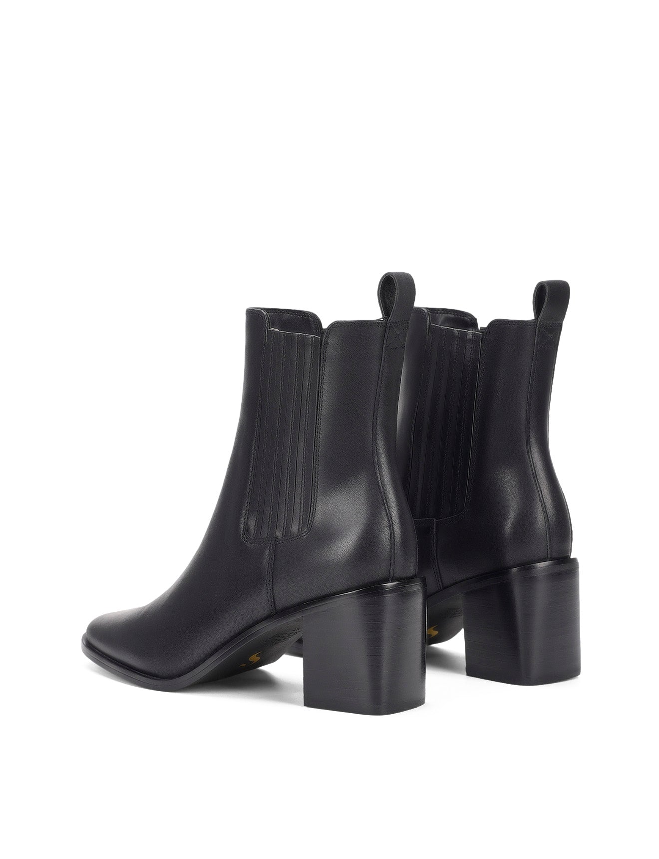Women's black leather chelsea boot with elastic gusset, stacked block heel and soft square toe