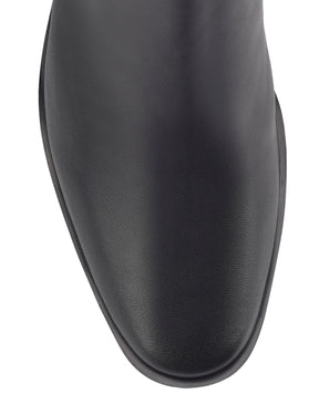 Women's black leather chelsea boot with elastic gusset, stacked block heel and soft square toe