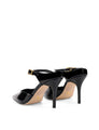 Women's black patent closed toe stiletto mule with buckle vamp strap