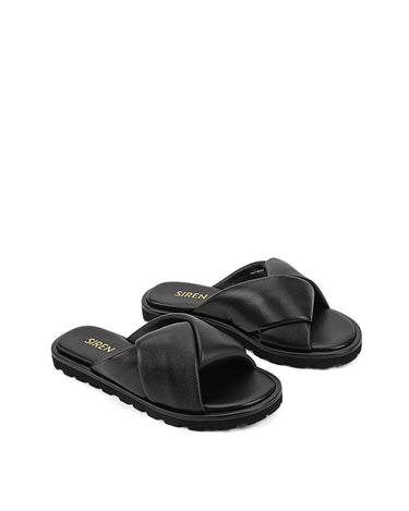 Women's black leather puffy slides
