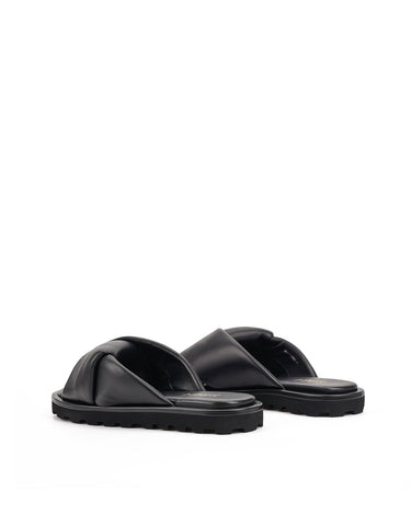 Women's black leather puffy slides