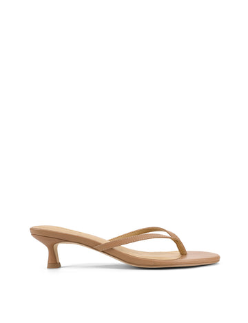 Women's almond beige leather kitten heel thongs