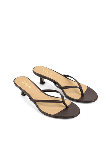 Women's leather kitten heel thong in chocolate brown