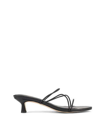 Women's black leather strappy kitten heel mule