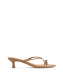 Women's kitten heel strappy sandal with gold metallic toe ring in tan leather