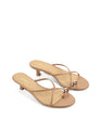 Women's kitten heel strappy sandal with gold metallic toe ring in tan leather