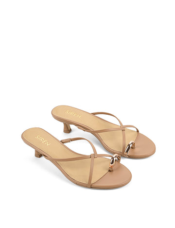 Women's kitten heel strappy sandal with gold metallic toe ring in tan leather